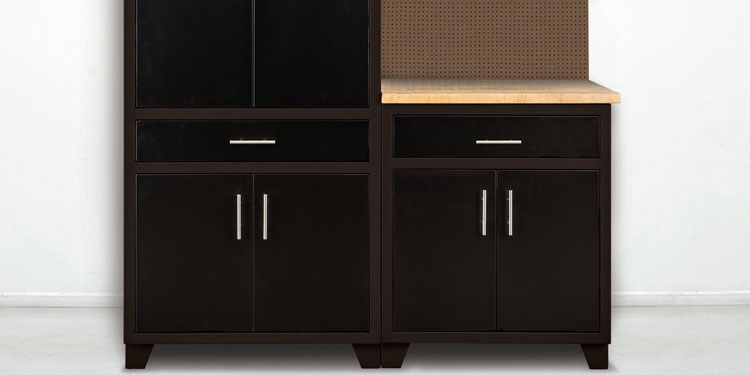 Rock Run Cabinetry 3 Piece Configuration shown in Walnut and Glossy Black with Pegboard