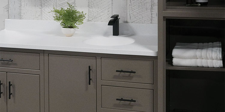 Rock Run Cabinetry Aluminum Bathroom Cabinets shown in Mocha