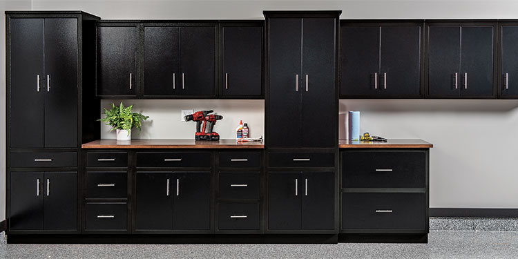 Rock Run Cabinetry Aluminum Garage Kitchen Cabinets shown in Poly Black Peel