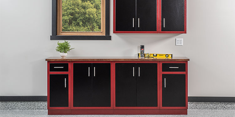 Rock Run Cabinetry Aluminum Garage Kitchen Cabinets shown in Wine Ripple and Poly Black Peel