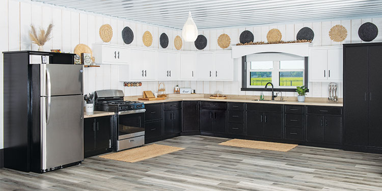 Rock Run Cabinetry Aluminum Kitchen Cabinets shown in Sky White Peel and Poly Black Peel
