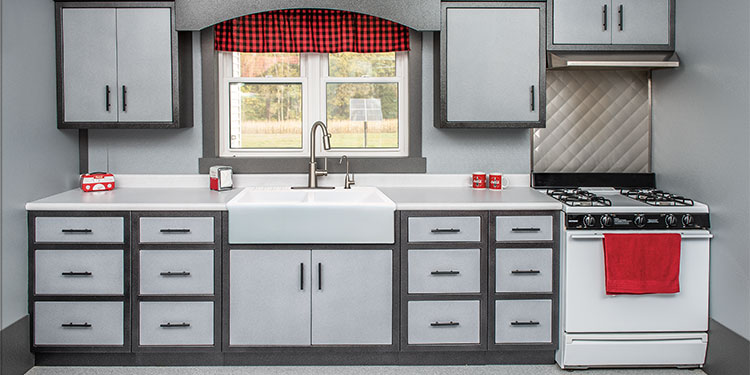 Rock Run Cabinetry Aluminum Kitchen Cabinets with Farmhouse Sink shown in Blue Speckle and Silvervein