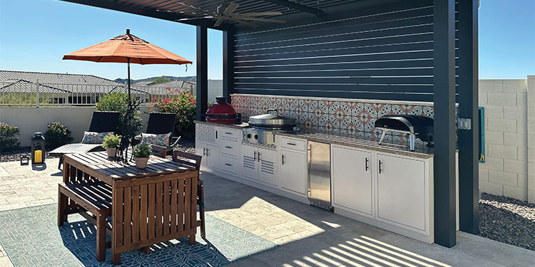Rock Run Cabinetry Aluminum Outdoor Kitchen Cabinets shown in Sandstone