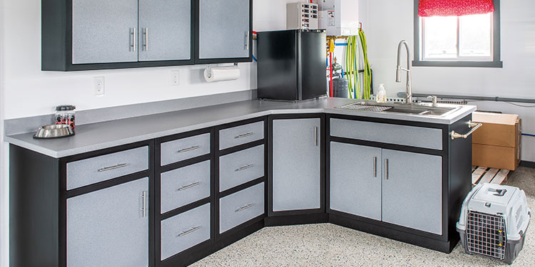 Rock Run Cabinetry Dog Kennel Cabinets shown in Glossy Black and Blue Speckle