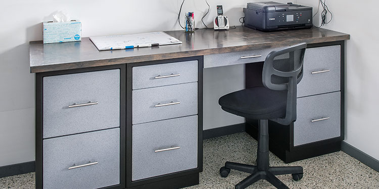 Rock Run Cabinetry Dog Kennel Desk shown in Glossy Black and Blue Speckle