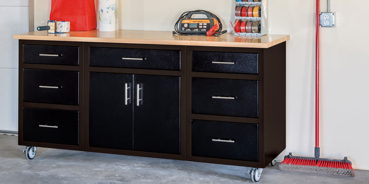 Rock Run Cabinetry Garage Cabinets shown in Walnut and Glossy Black