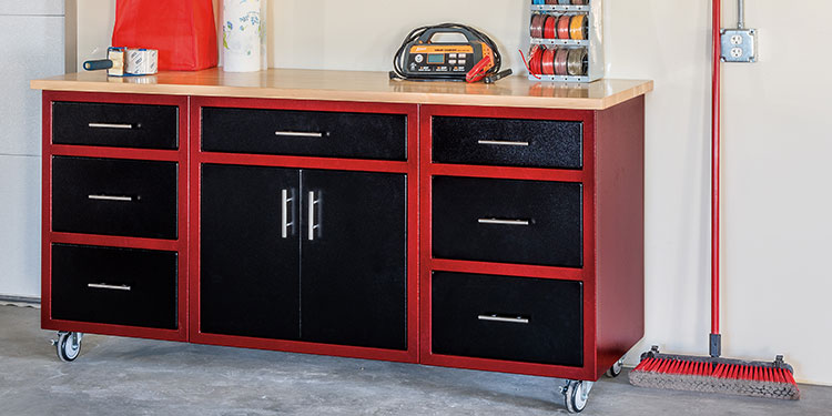 Rock Run Cabinetry Garage Cabinets shown in Wine Ripple and Glossy Black