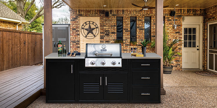 Rock Run Cabinetry Gas Grill Cabinet shown in Poly Black Peel on Patio