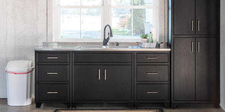 Rock Run Cabinetry Kitchen Cabinets shown in Poly Black Peel