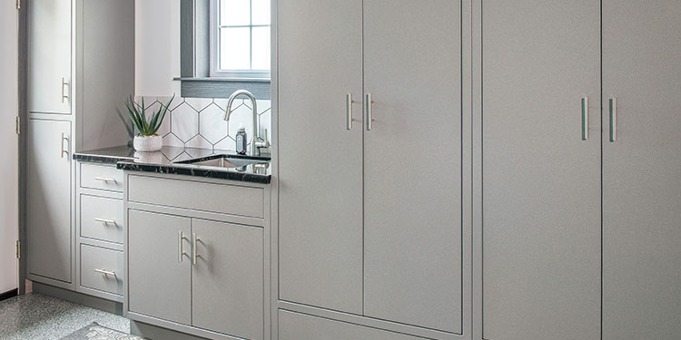 Rock Run Cabinetry Shop Cabinets shown in Grey Speckle